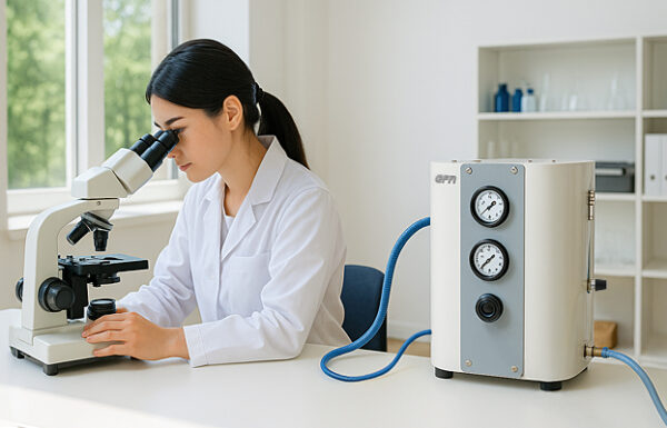 CELLFA_NX-C_Series_Compact_Nitrogen_Generator_Lab_Usage 셀에프에이 NX-C 시리즈 초소형 질소발생기를 연구실에서 사용하는 모습, 연구원이 현미경을 관찰하며 장비를 운용하는 장면 - Nitrogen Generator N2- 질소(N₂)발생기