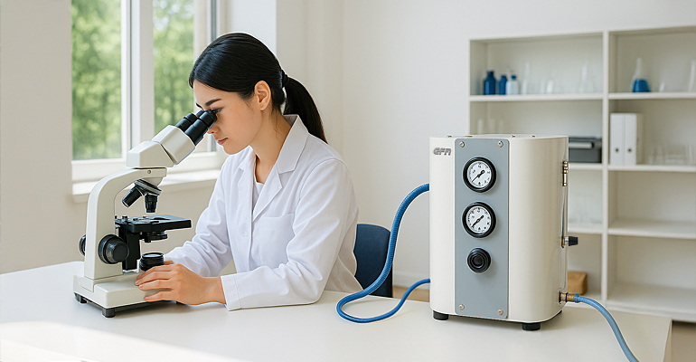 CELLFA_NX-C_Series_Compact_Nitrogen_Generator_Lab_Usage 셀에프에이 NX-C 시리즈 초소형 질소발생기를 연구실에서 사용하는 모습, 연구원이 현미경을 관찰하며 장비를 운용하는 장면 - Nitrogen Generator N2- 질소(N₂)발생기