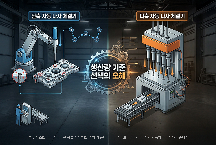 단축 자동 나사 체결기와 다축 자동 나사 체결기를 생산량 기준으로 비교하며, 생산량만으로 설비를 선택하는 오해를 설명한 이미지