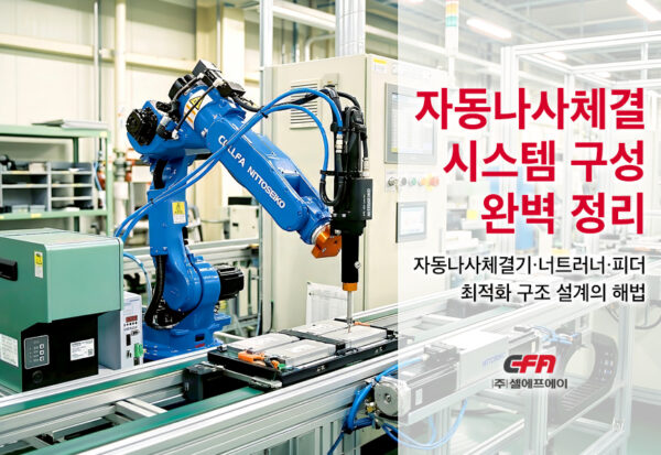 cellfa_nittoseiko | 자동 나사 체결 시스템 구성 완벽 정리 – 조립 자동화설비 적용 사례 다관절 산업용 로봇에 장착된 셀에프에이(CELLFA) | 니또세이코(NITTOSEIKO) 자동 나사 체결기가 배터리 모듈 생산 라인에서 정밀 체결 작업을 수행하는 자동 나사 체결 시스템 구성 모습