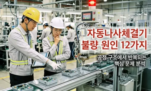 자동 나사 체결기 불량 원인을 점검하는 자동화 조립 라인에서 작업자 두 명이 체결 완료 제품을 확인하며 설비 이상을 분석하는 모습