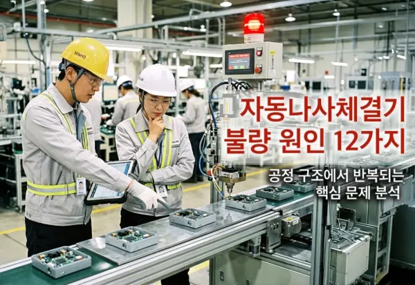 자동 나사 체결기 불량 원인 분석 – 자동화 조립 공정에서 발생하는 대표적인 체결 문제 자동 나사 체결기 불량 원인을 점검하는 자동화 조립 라인에서 작업자 두 명이 체결 완료 제품을 확인하며 설비 이상을 분석하는 모습