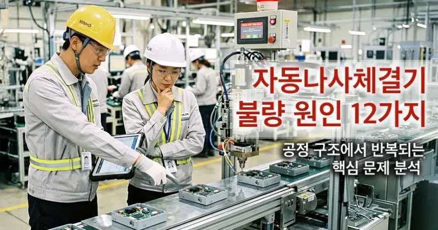 자동 나사 체결기 불량 원인을 점검하는 자동화 조립 라인에서 작업자 두 명이 체결 완료 제품을 확인하며 설비 이상을 분석하는 모습