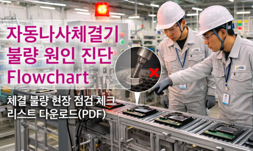 자동나사체결기 불량 원인 진단 Flowchart를 통해 체결 불량 발생 공정을 점검하는 현장 작업자와 나사 경사 체결 불량 사례