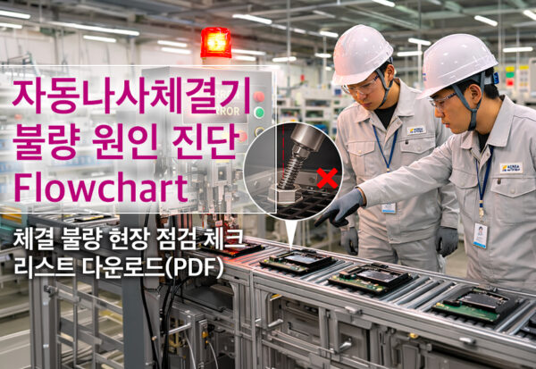 자동나사체결기 불량 원인 진단 Flowchart | 체결 불량 현장 점검 문서 다운로드 자동나사체결기 불량 원인 진단 Flowchart를 통해 체결 불량 발생 공정을 점검하는 현장 작업자와 나사 경사 체결 불량 사례