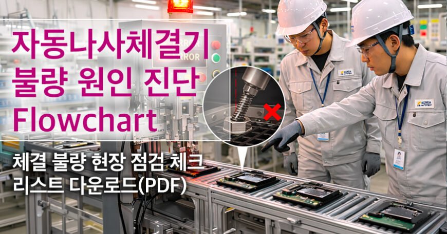 자동나사체결기 불량 원인 진단 Flowchart를 통해 체결 불량 발생 공정을 점검하는 현장 작업자와 나사 경사 체결 불량 사례