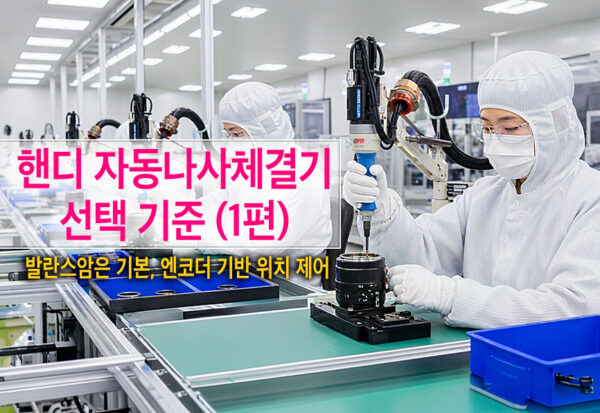 핸디 자동나사체결기 선택 기준 대표 이미지 핸디 자동나사체결기 선택 기준 대표 이미지로, 니또세이코(NITTOSEIKO) AD100VE를 활용한 카메라 렌즈 조립 체결 공정과 발란스암, 엔코더 기반 위치 제어 특징을 보여주는 이미지.