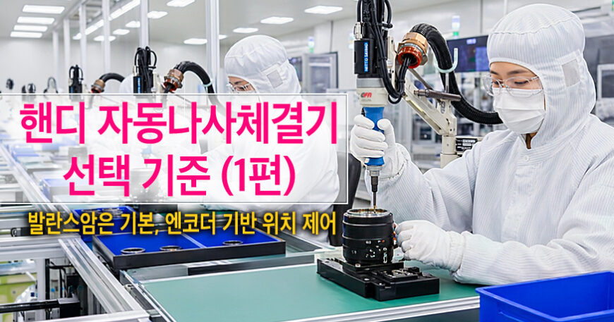 핸디 자동나사체결기 선택 기준 (1편) | 발란스암은 기본, 엔코더 기반 위치 제어 | CELLFA 핸디 자동나사체결기 선택 기준 대표 이미지로, 니또세이코(NITTOSEIKO) AD100VE를 활용한 카메라 렌즈 조립 체결 공정과 발란스암, 엔코더 기반 위치 제어 특징을 보여주는 이미지.