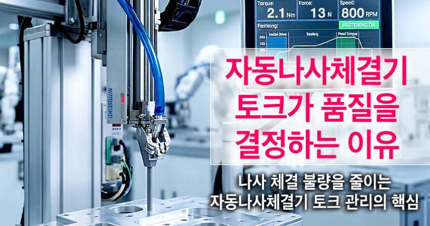 자동나사체결기 토크 데이터를 실시간으로 확인하며 금속 부품을 정밀 체결하는 자동화 공정 이미지