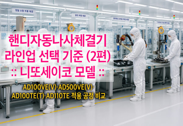 니또세이코 핸디자동나사체결기 엔코더 기반 모델 조립 라인 핸디자동나사체결기 니또세이코(NITTOSEIKO) 엔코더 기반 모델을 조립 라인에서 사용하는 모습으로, AD100VE, AD500VE, AD100TE, AD110TE 적용 공정을 비교한 스마트팩토리 현장 이미지.