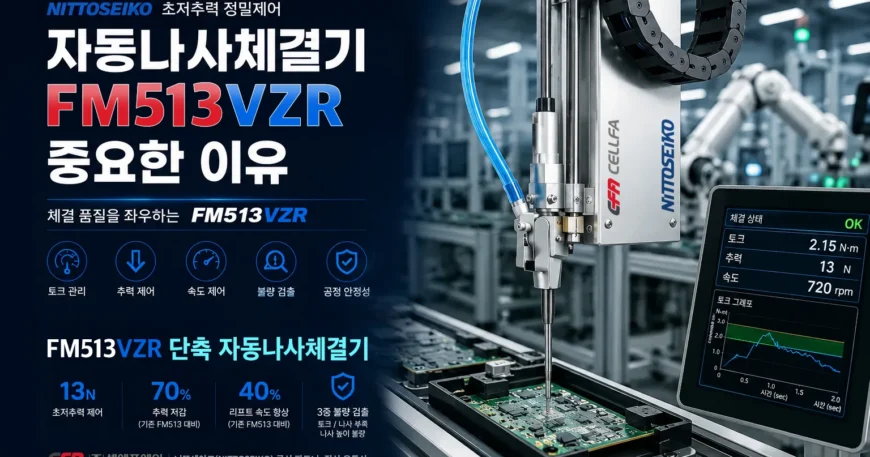 FM513VZR 자동나사체결기 1탄 | 13N 초저추력 제어로 체결 품질을 높이는 니또세이코 대표 모델 | CELLFA FM513VZR 자동나사체결기의 13N 초저추력 제어, 토크 관리, 속도 제어, 불량 검출, 공정 안정성 요소를 정리한 니또세이코(NITTOSEIKO)·셀에프에이(CELLFA) 대표 이미지.