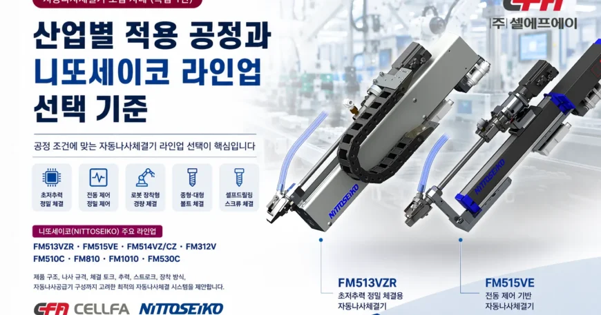 자동나사체결기 단축형 도입 사례 (특집 1탄) | 산업별 적용 공정과 니또세이코 라인업 선택 기준 | CELLFA 자동나사체결기 도입 사례 특집 1탄 대표 이미지, 니또세이코(NITTOSEIKO) FM513VZR·FM515VE 단축 자동나사체결기 라인업과 산업별 적용 공정 선택 기준