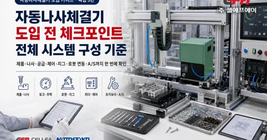 자동나사체결기 도입 전 체크포인트 (특집 3탄) | 로봇 연동·셀프드릴링 스크류·시스템 구성 기준 | CELLFA 자동나사체결기 도입 전 체크포인트와 니또세이코 체결기·피더·제어 시스템·지그·유지보수 기준을 안내하는 대표 이미지