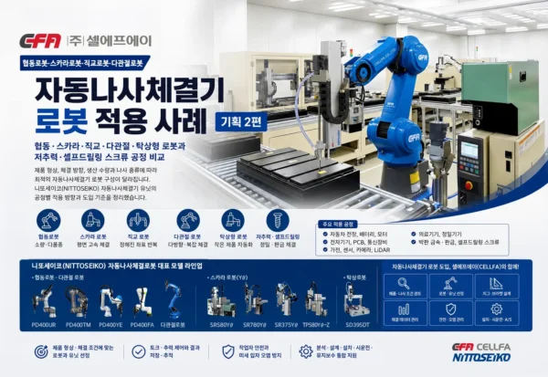 자동나사체결기 로봇 적용 사례 기획 2편 | 로봇 유형별 비교 자동나사체결기 로봇 적용 사례 기획 2편 협동로봇·스카라 로봇·직교 로봇·다관절 로봇 비교