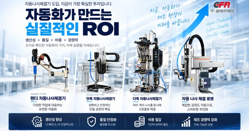 자동나사체결기 ROI 3편 대표 이미지로 핸디, 단축, 다축 자동나사체결기와 자동 나사 체결 로봇을 비교한 셀에프에이(CELLFA)·니또세이코(NITTOSEIKO) 나사 체결 자동화 시스템.