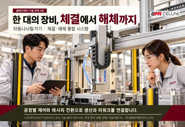 자동나사탈거기 2편 — 한 대의 장비로 체결·해체 통합 시스템 구축 자동나사탈거기 적용을 위해 니또세이코 FM513VZR 기반 체결·해체 통합 시스템을 점검하는 관리자들